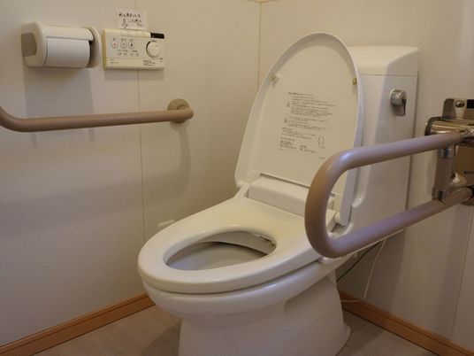 トイレは温水洗浄便座付きで、壁に操作盤が設置されている。壁にL字型の手すりが設置されており、左手に動かせるタイプの手すりがある。