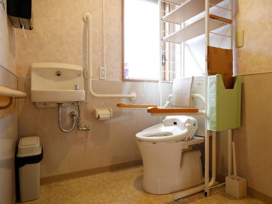 施設の写真 固定式と可動式の手すりがついているトイレ。トイレのタンク部分には、姿勢を保つための背もたれもついている。