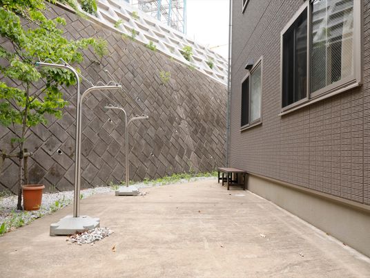中庭のベンチと植物