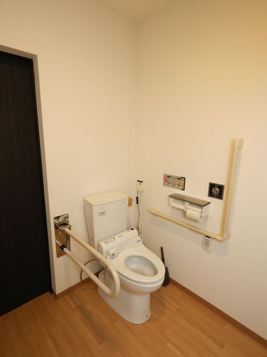 真っ白な洋式便座を備え付けたトイレである。可動式やＬ字型の手すりが、備えられている。広さがある。