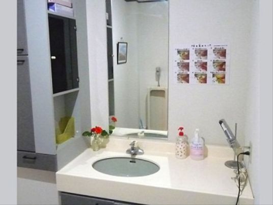 白を基調とした洗面台である。洗面の横に広々としたスペースがあり、ソープやお花などが置ける。壁に手の洗い方の手順を貼っている。