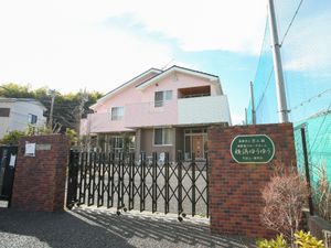 ピンクの建物と緑の看板