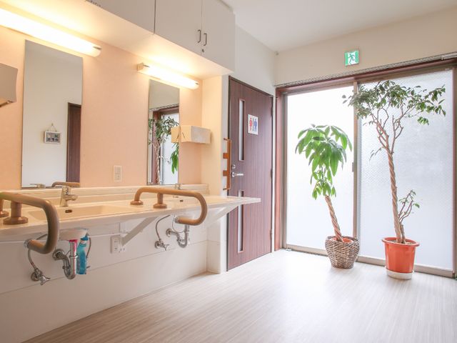 広々とした洗面所と植物 爽やかな雰囲気のトイレルーム前 手すり付きの洗面台があり、清潔感のある空間です。窓際には緑の植物が置かれ、明るく穏やかな雰囲気を醸し出しています。