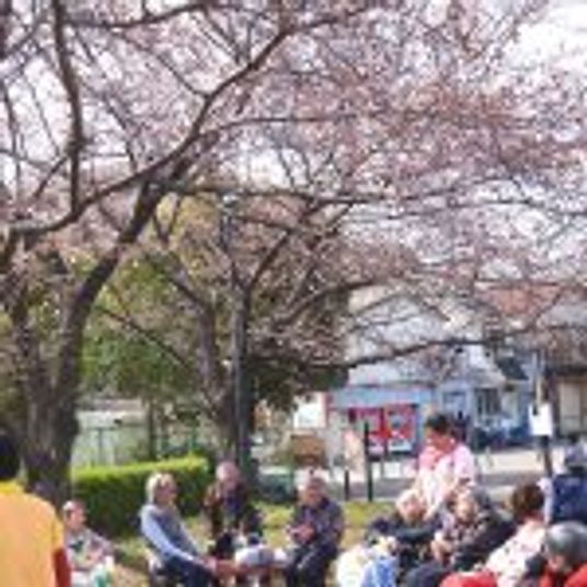 桜の下の交流中庭