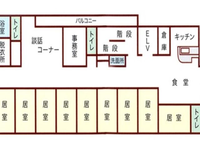 施設の間取り図 内観 施設の各エリアの配置がわかる間取り図です。エレベーターや食堂などが配置されています。