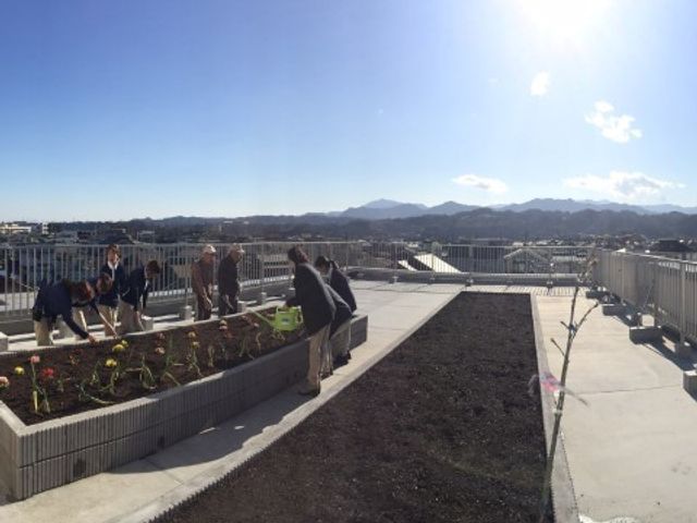 屋外で園芸活動する人々 屋上庭園 晴れた日の中庭で、共に園芸活動を楽しむスタッフと利用者の和やかな様子。豊かな自然を感じながら仕事ができる環境です。