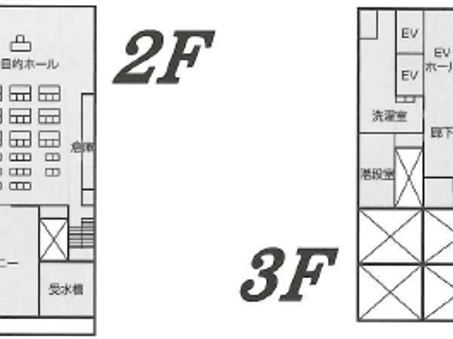 各階のフロア図 内観 2階と3階のフロアレイアウトが分かります。業務動線を考えた配置で、スムーズな移動が可能です。