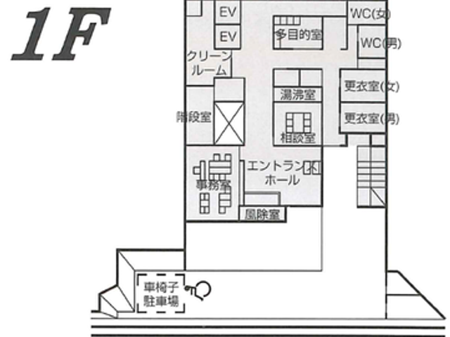 施設の間取り図 内観 施設全体のレイアウトを把握しやすく、各部屋の位置と役割が明確に示されています。