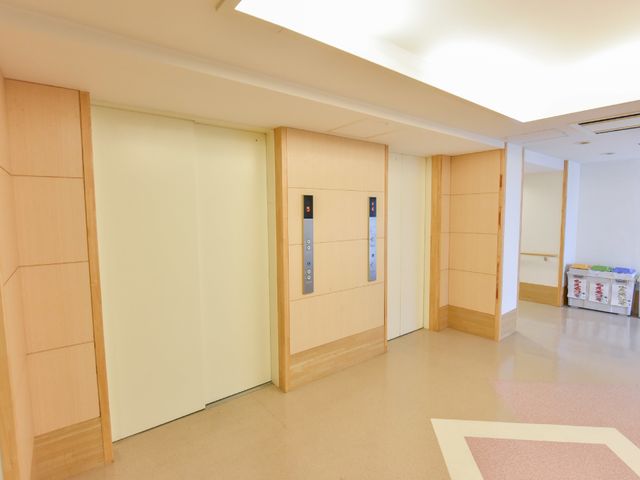 廊下のエレベーターと扉 エレベーターホール 清潔感のあふれる廊下は、動線を考慮した広々とした設計です。エレベーターは階数を示す表示があり、利便性が高く設けられています。