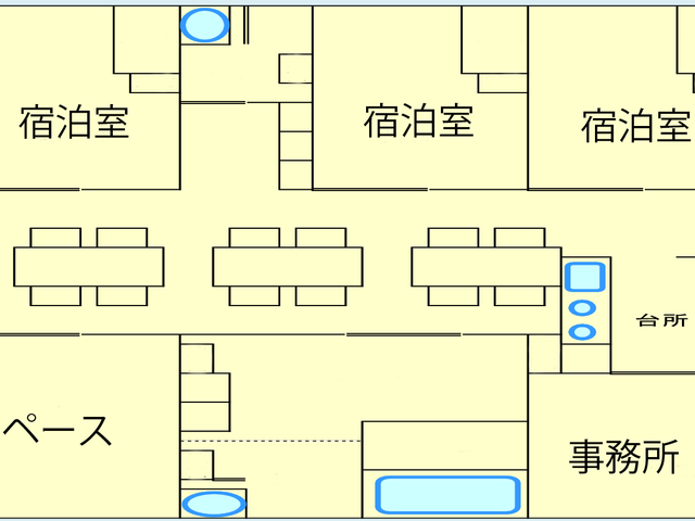 分かりやすい施設案内の図面 内観 宿泊室やフリースペースが配置された施設の間取り図です。動線が明確で働きやすい環境です。