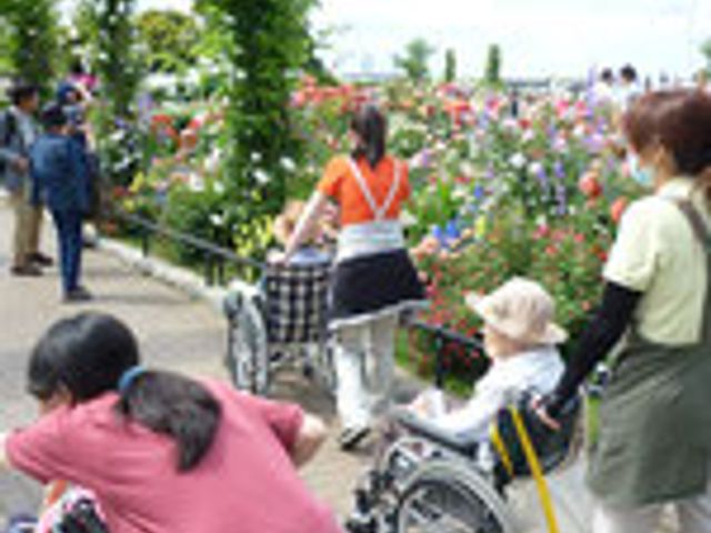 車椅子利用者の散策 庭 色とりどりの花々に囲まれた庭を、車椅子の方々がリラックスした様子で散策されています。楽しいひとときです。