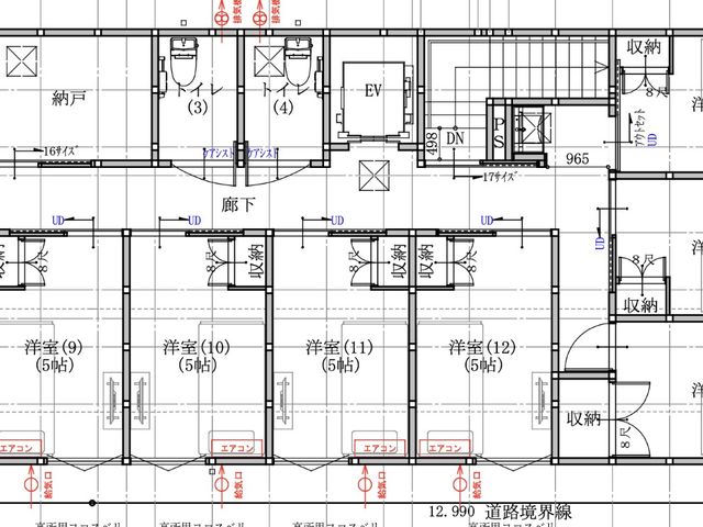 居室配置図 居室   複数の洋室が並ぶ居室配置図です。各部屋に収納やエアコンがあり、落ち着いて過ごせるつくりが分かります。
