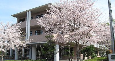 桜に囲まれた建物外観