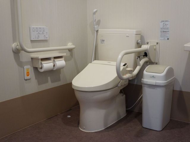 バリアフリー対応のトイレ トイレ 安全に配慮された設計のトイレです。手すりがついており、安定してご使用いただけます。