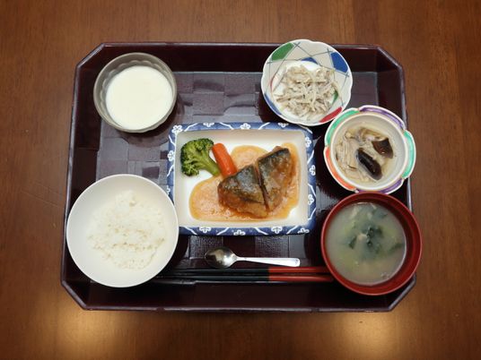 食堂で提供される温かい食事。健康面を考慮したメニューになっている為、安心して食べる事が出来る。品数も多い。