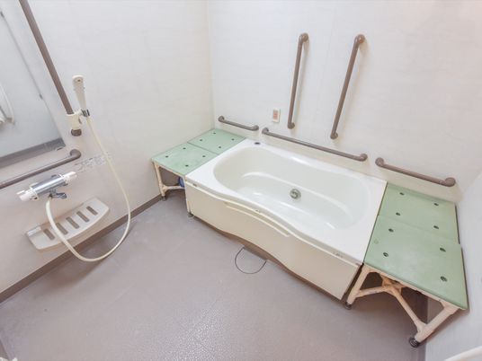 浴槽周辺にも手すりが充実して、洗い場にも設置してある。シャワーは上下に動くタイプで高さを好みに変えることができる。