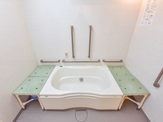 低めの浴槽は左右に腰をかけられる台がある。縦と横に付けられた手すりは入浴する際立ち座りを支えてくれる。