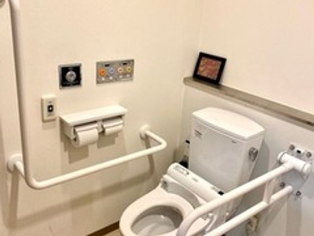 安全設備が整ったトイレ トイレ 手すりが設置された使いやすい設計で、安全性が考慮されています。快適に利用できる空間です。