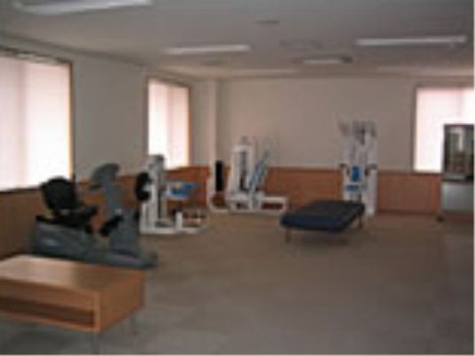 いろいろな種類の運動器具が揃えられた広々とした部屋で、筋力増強や体力維持のためのトレーニングができる。