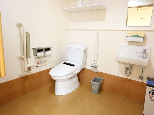 トイレの個室内には、洗面台も併設されている。用事を一か所で済ませることができる機能的なデザインである。