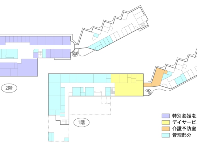 全体の配置図 内観 介護施設内の部屋配置を示す見取り図です。動線や部屋のサイズ感を視覚的に把握できます。