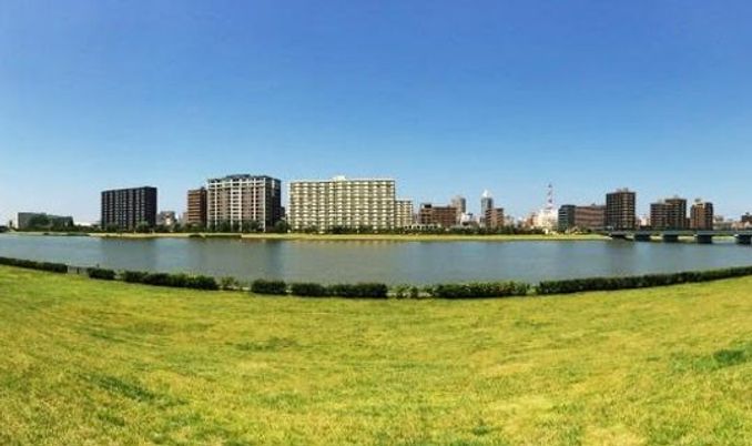 広がる芝生と川