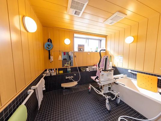明るい浴室の介助機器  
