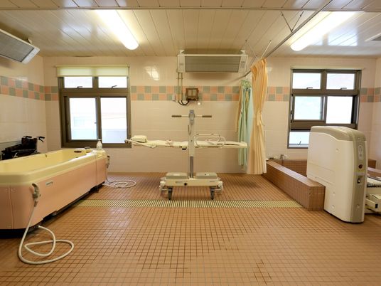 ストレッチャーに寝た状態で入ることができる浴槽が設置されている。天井には横長のヒーターパネルが２つ取り付けられている。