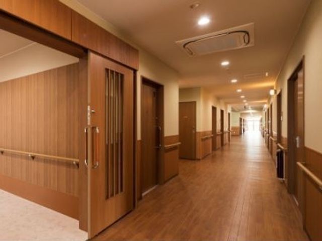 温もり感じる廊下 廊下 床の木目調と壁の色合いが調和し、落ち着いた雰囲気の通路です。手すりが設置されており、安心して歩行できる設計になっています。