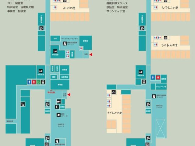フロア案内図 掲示物 施設内の各フロアの利用案内です。わかりやすいデザインで、自分の行き先をすぐに見つけられます。