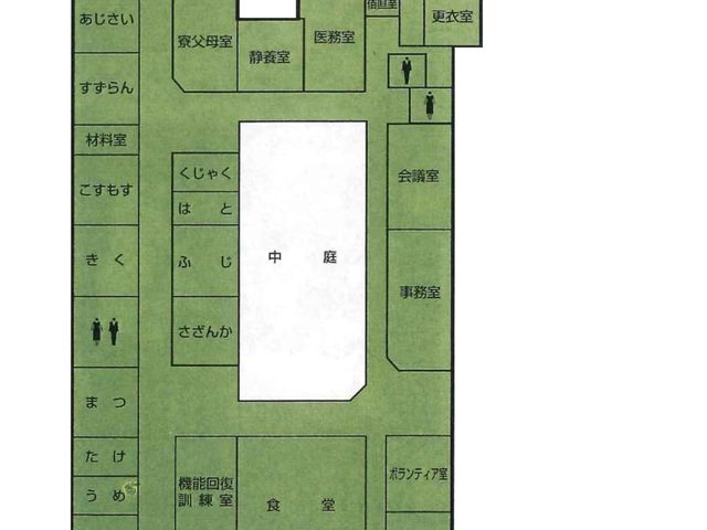 施設平面図案内 中庭 中庭を中心に、様々な目的に合わせて利用できる施設の間取りが描かれています。