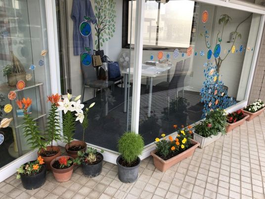 花鉢が並ぶ窓辺の外観  