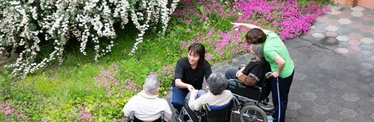 色とりどりの花が咲く庭