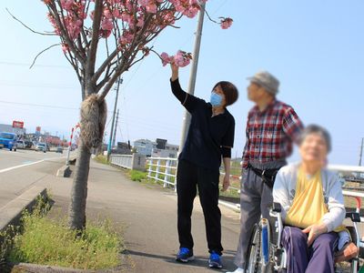 花を眺める様子の外観