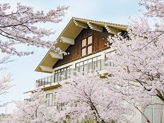 桜に囲まれた建物外観  