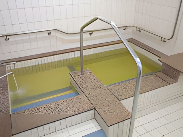 手すり付き浴槽 浴室 手すり付きで安全性を考慮した浴槽です。ステップも設置され、利用者の入浴が快適です。