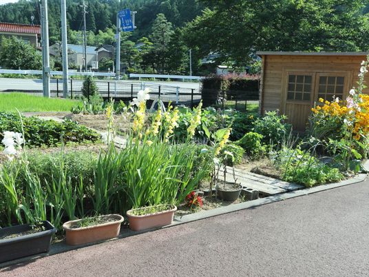 小屋と花のある庭
