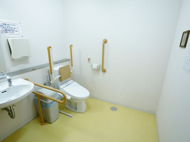 バリアフリートイレ設備 広々としたトイレ 手すり付きの安心設計トイレ空間です。利用者の自立を支援する配慮が行き届いています。