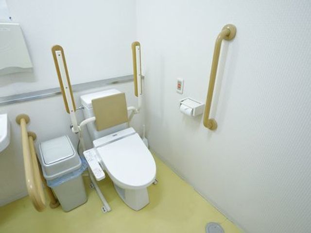 手すり付き安全なトイレ トイレ 安全に配慮されたハンドレールの付いた明るいトイレです。利用者の快適さと便利さを考えた設計になっています。