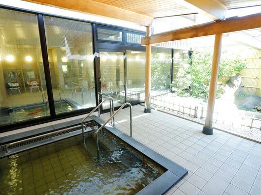 明るい浴室と庭園の眺め