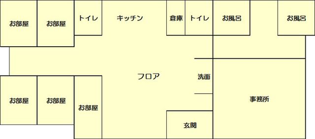 施設の間取り図 内観 明るいスペースを確保したキッチンやトイレの配置が工夫された間取りです。利便性が高い設計になっています。