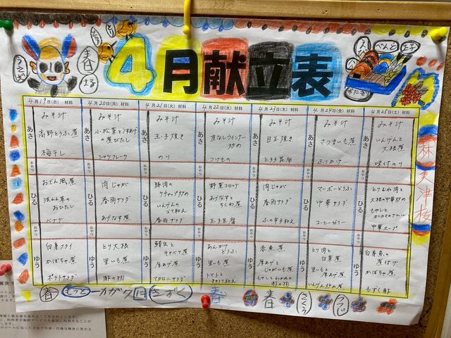 掲示物 掲示物 色鮮やかで手書きの4月の献立表です。季節のイラストが温かみを添えています。