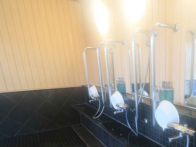 手すり付き洗面台の内観 浴室 手すりが備え付けられた清潔感のある洗面スペースです。安全性を考慮した設計で、就業する方々への配慮も感じられます。