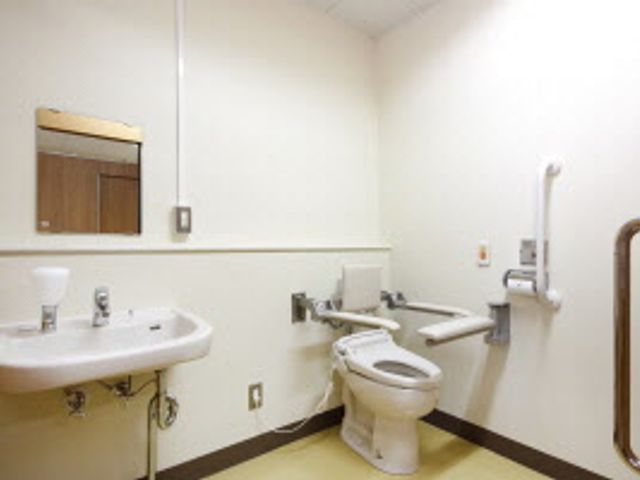 清潔な洗面台とトイレ トイレ 手すり付きで安心して利用できるトイレです。シンプルなデザインで清潔感があります。