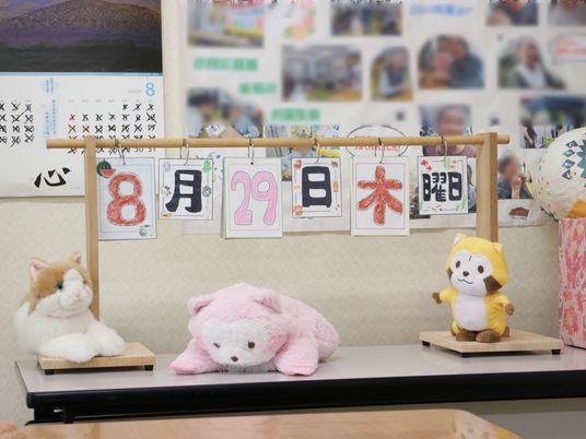 掲示物とぬいぐるみの壁面