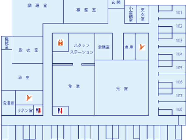 施設の見取り図 内観 各施設の配置が一目でわかります。各部屋の名前が示された見取り図です。