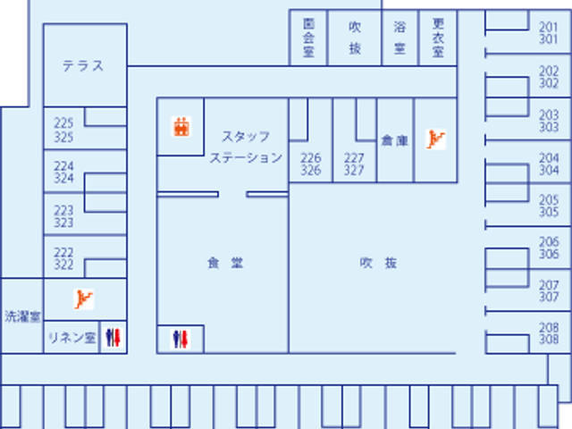 施設の配置図 内観 施設内の配置図を示しています。各エリアの位置を確認でき、移動がスムーズに行えます。