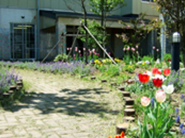 花壇のある庭 庭 色とりどりの花が咲く庭は、リラックスできる場所です。自然を感じながら、散歩も楽しめます。
