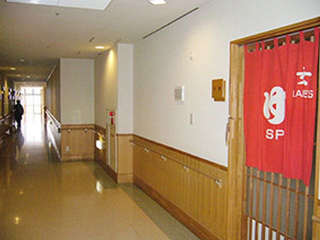 和風の暖簾がある廊下 廊下 温かみのある和風の暖簾が設置された廊下です。自然光が奥へと差し込み、優しい雰囲気を演出しています。