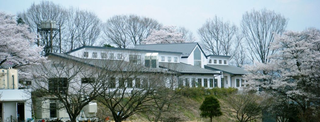 桜に囲まれた建物外観
